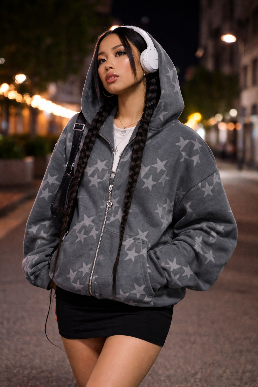 Star Print Zip-Up Streetwear Hoodie