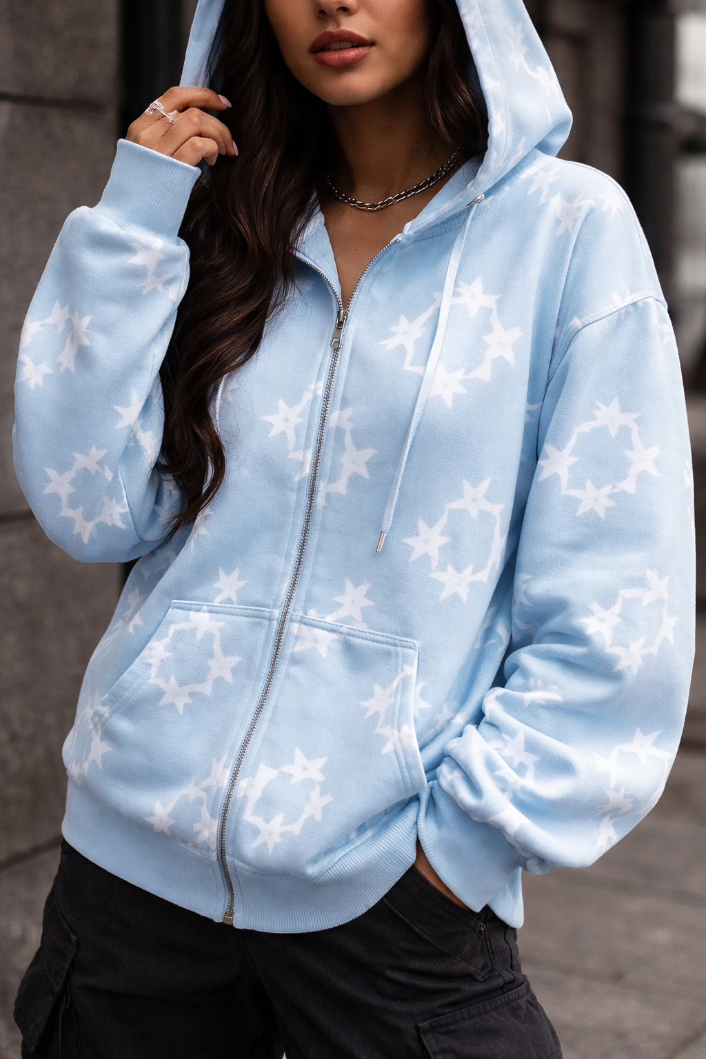 Star Print Zip-Up Streetwear Hoodie