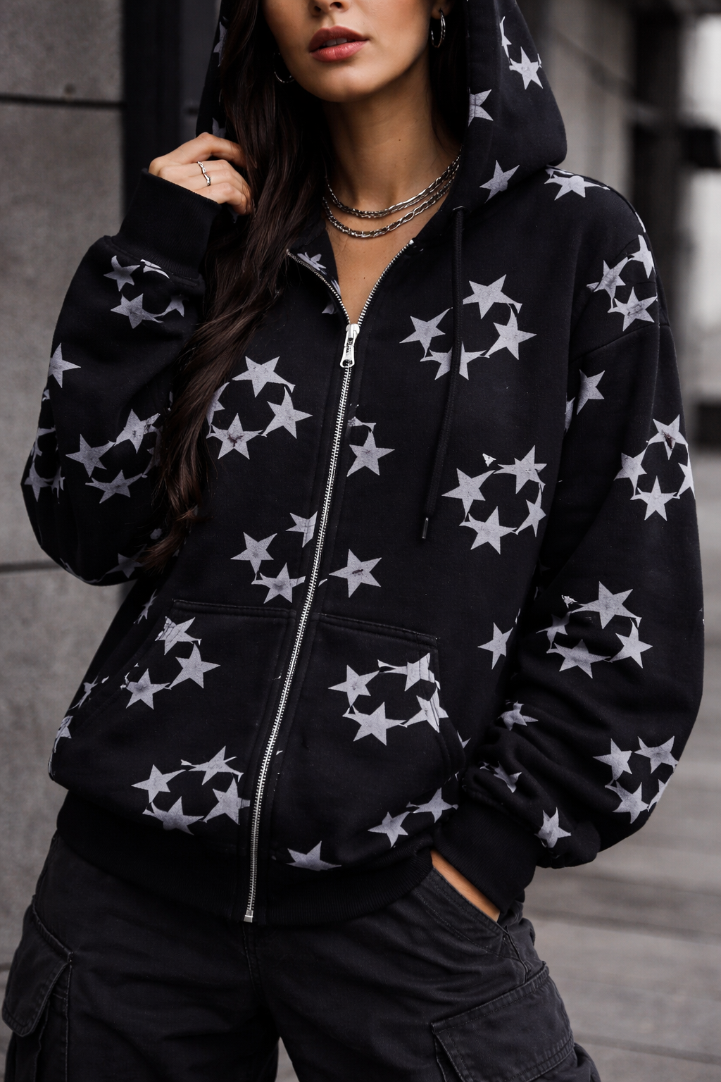 Star Print Zip-Up Streetwear Hoodie