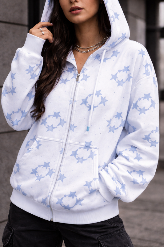 Star Print Zip-Up Streetwear Hoodie