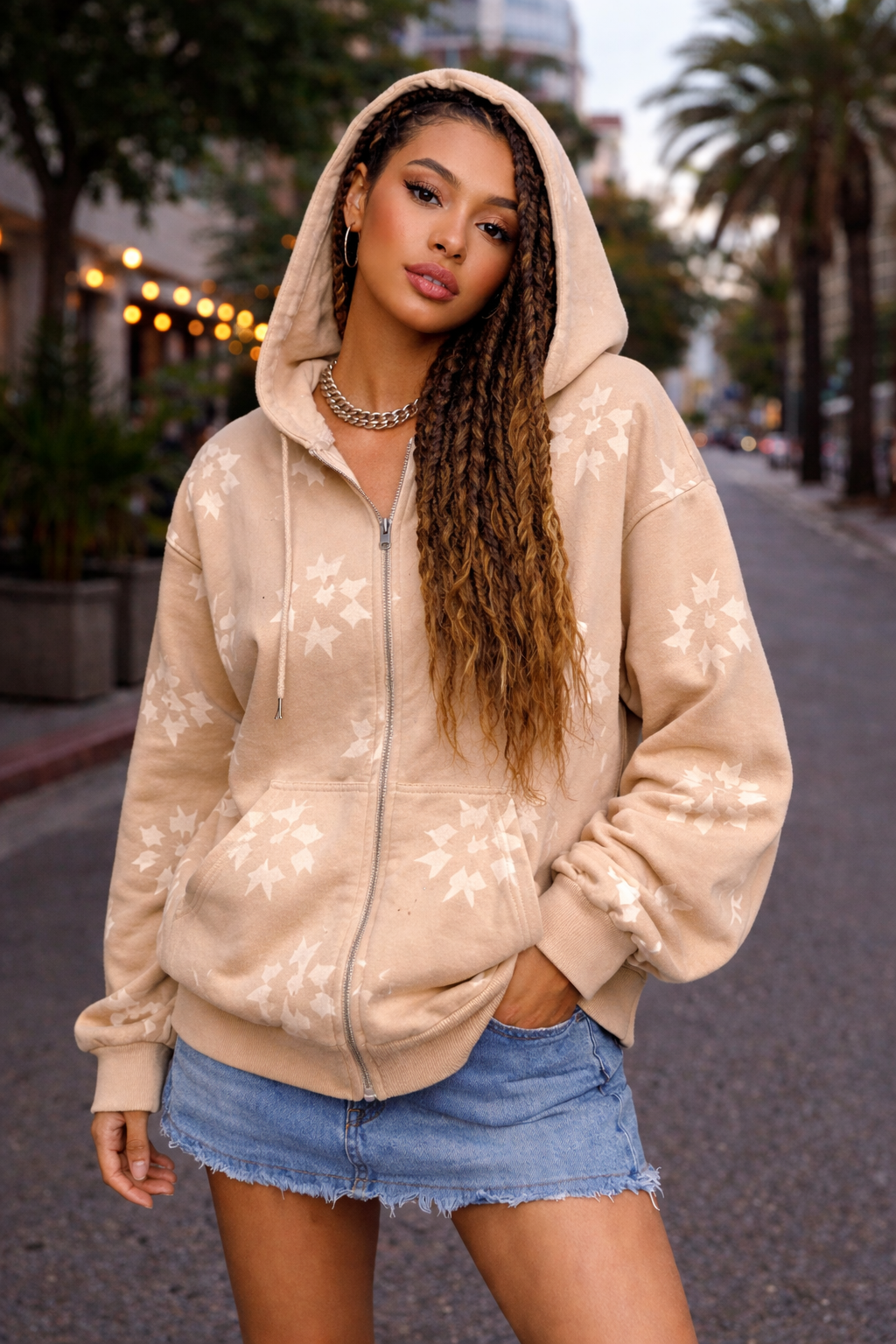 Star Print Zip-Up Streetwear Hoodie